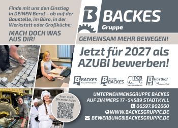 Ob auf der Baustelle, im Büro, in der Werkstatt oder Großküche: Mit einer gewerblich-technischen oder kaufmännischen Ausbildung bei Backes findest du den richtigen Einstieg in deinen Beruf.